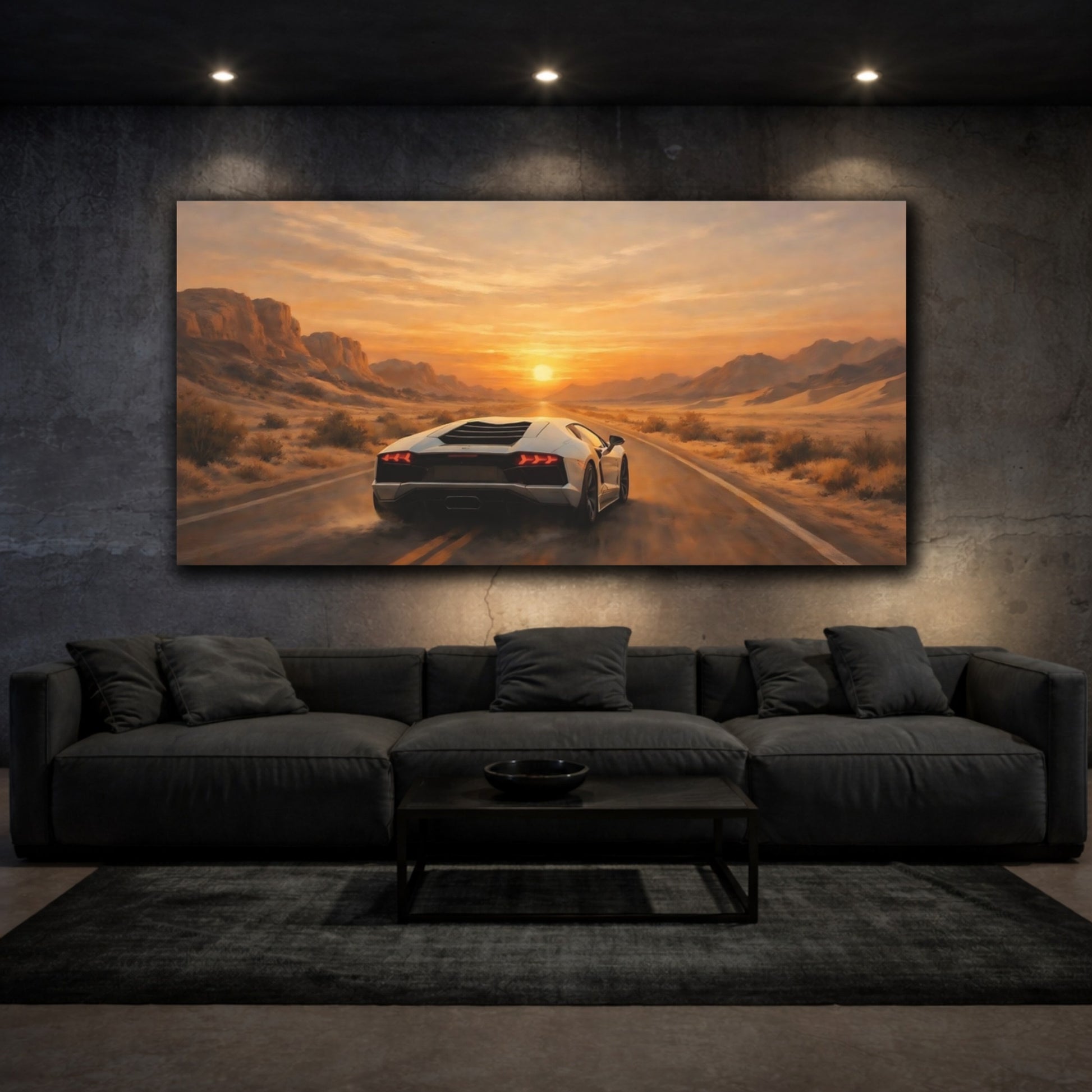 Mockup 2. Sports Sports Car Orange Desert Car shown as stretched canvas wall art