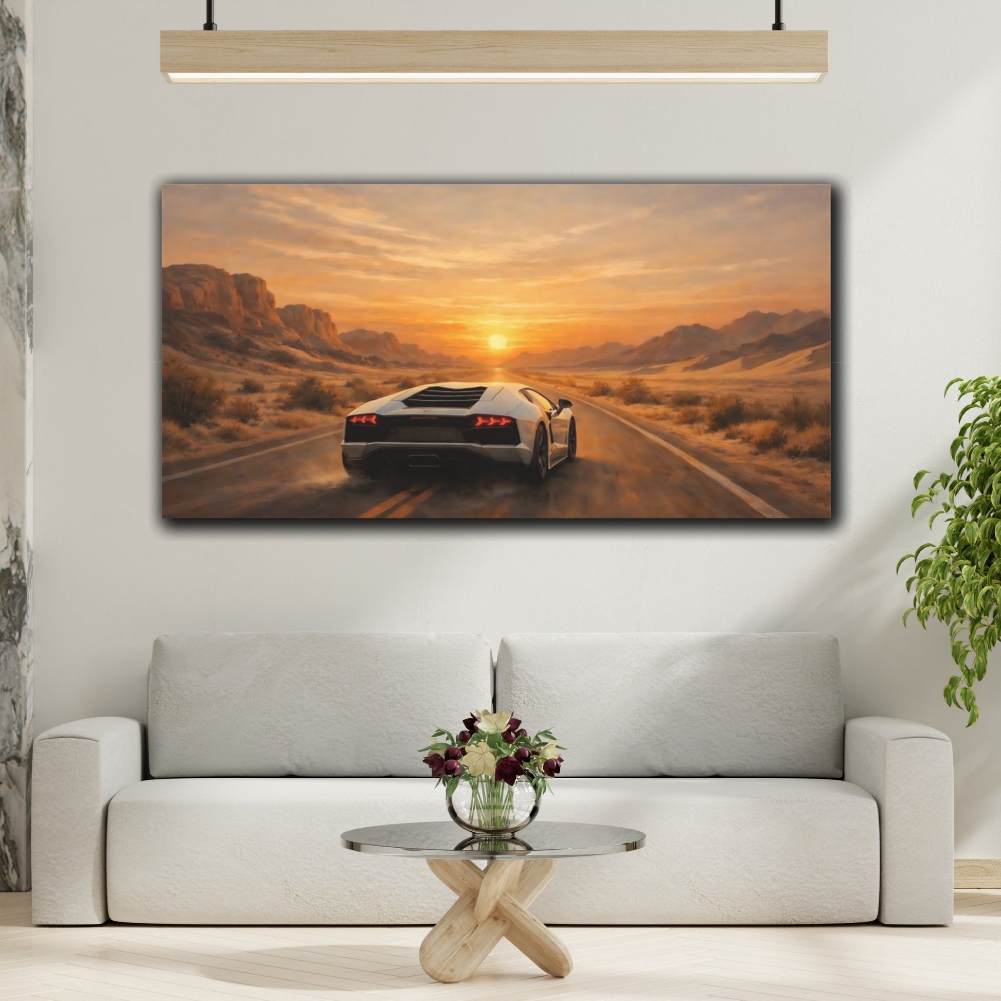 Mockup 3. Sports Sports Car Orange Desert Car shown as stretched canvas wall art