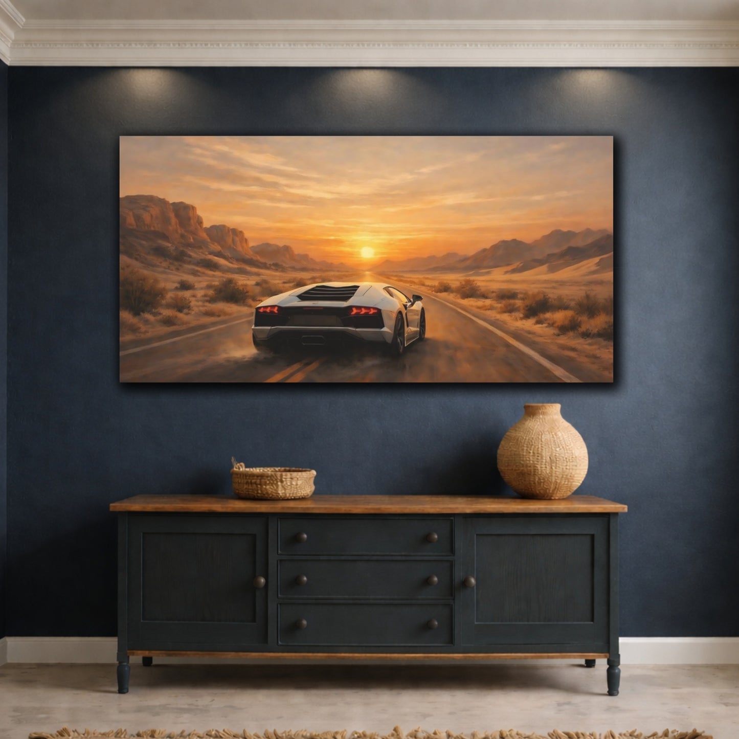 Mockup 4. Sports Sports Car Orange Desert Car shown as stretched canvas wall art