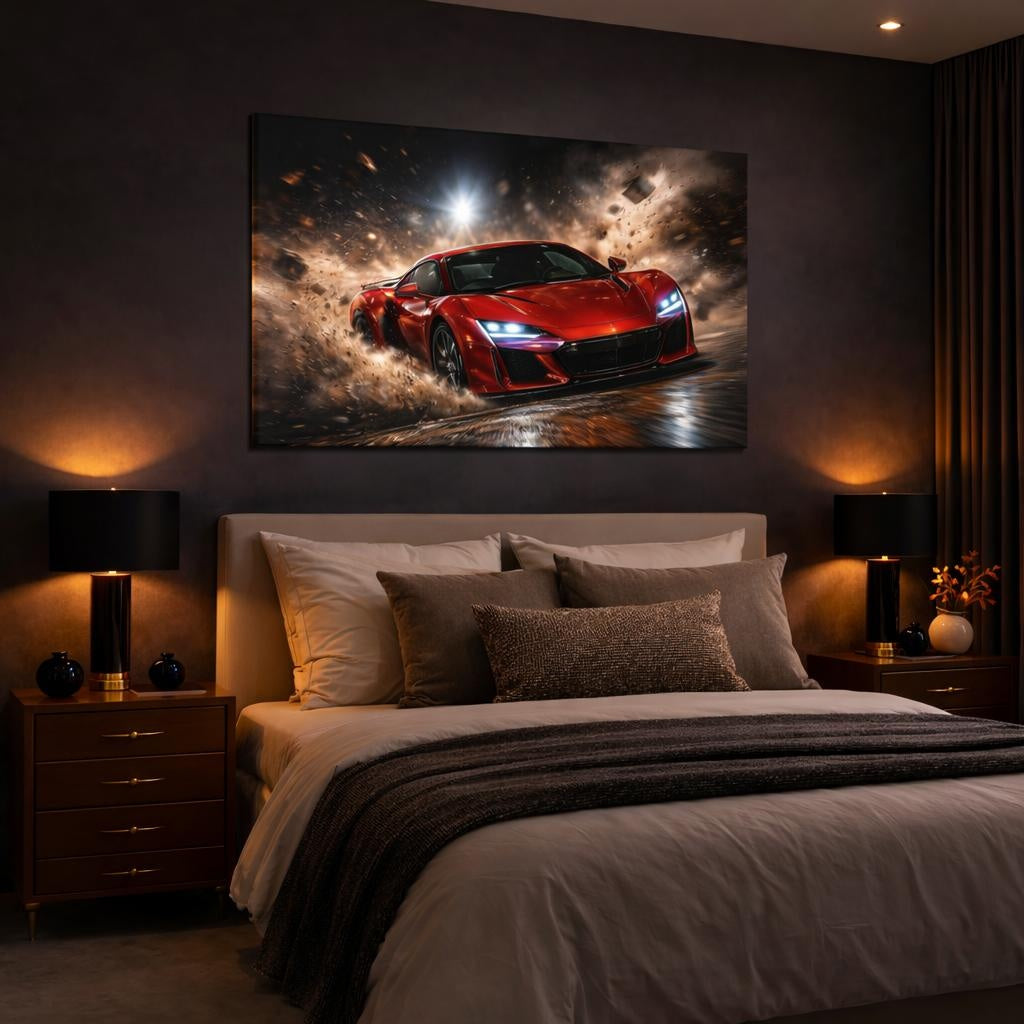 Sports Sports Car Red Sports Car shown as canvas wall art in a luxury bedroom