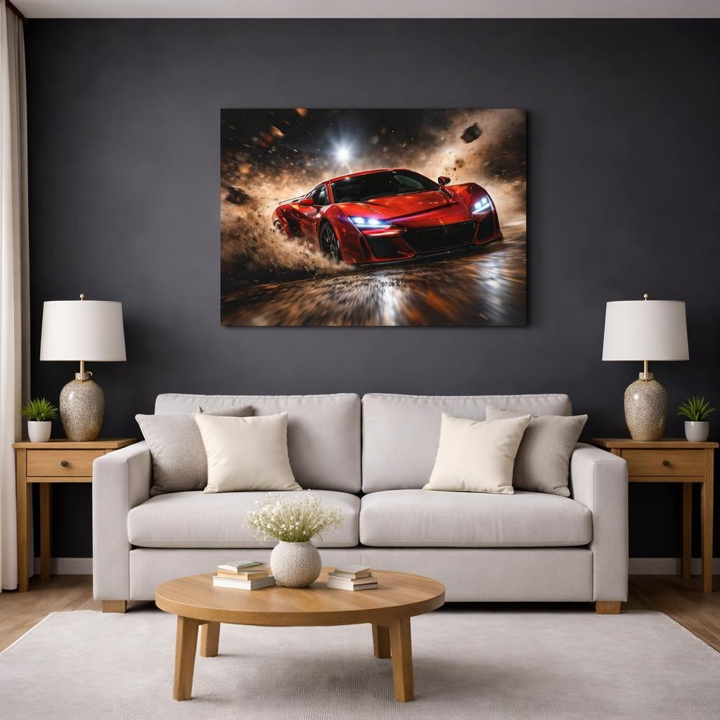 Sports Sports Car Red Sports Car shown as canvas wall art in a modern living room