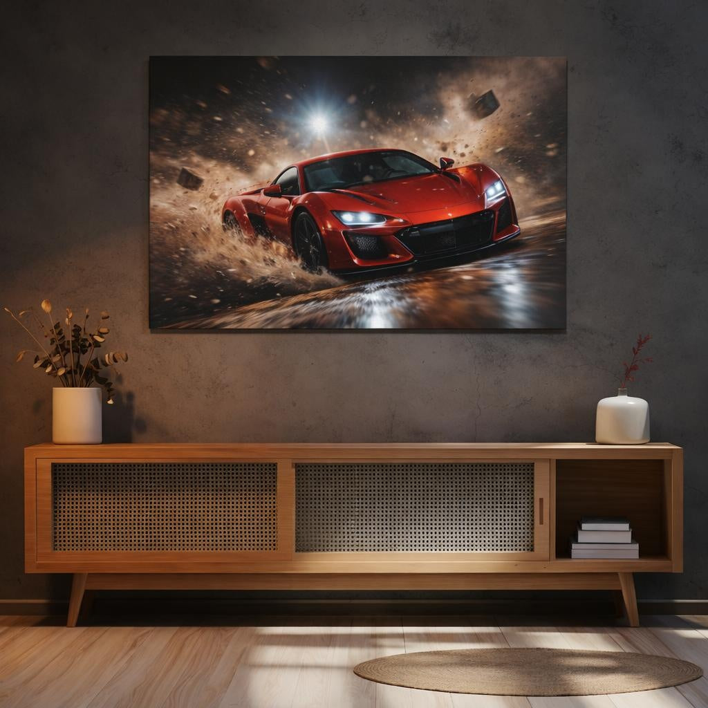 Sports Sports Car Red Sports Car shown as canvas wall art in a sophisticated contemporary living space