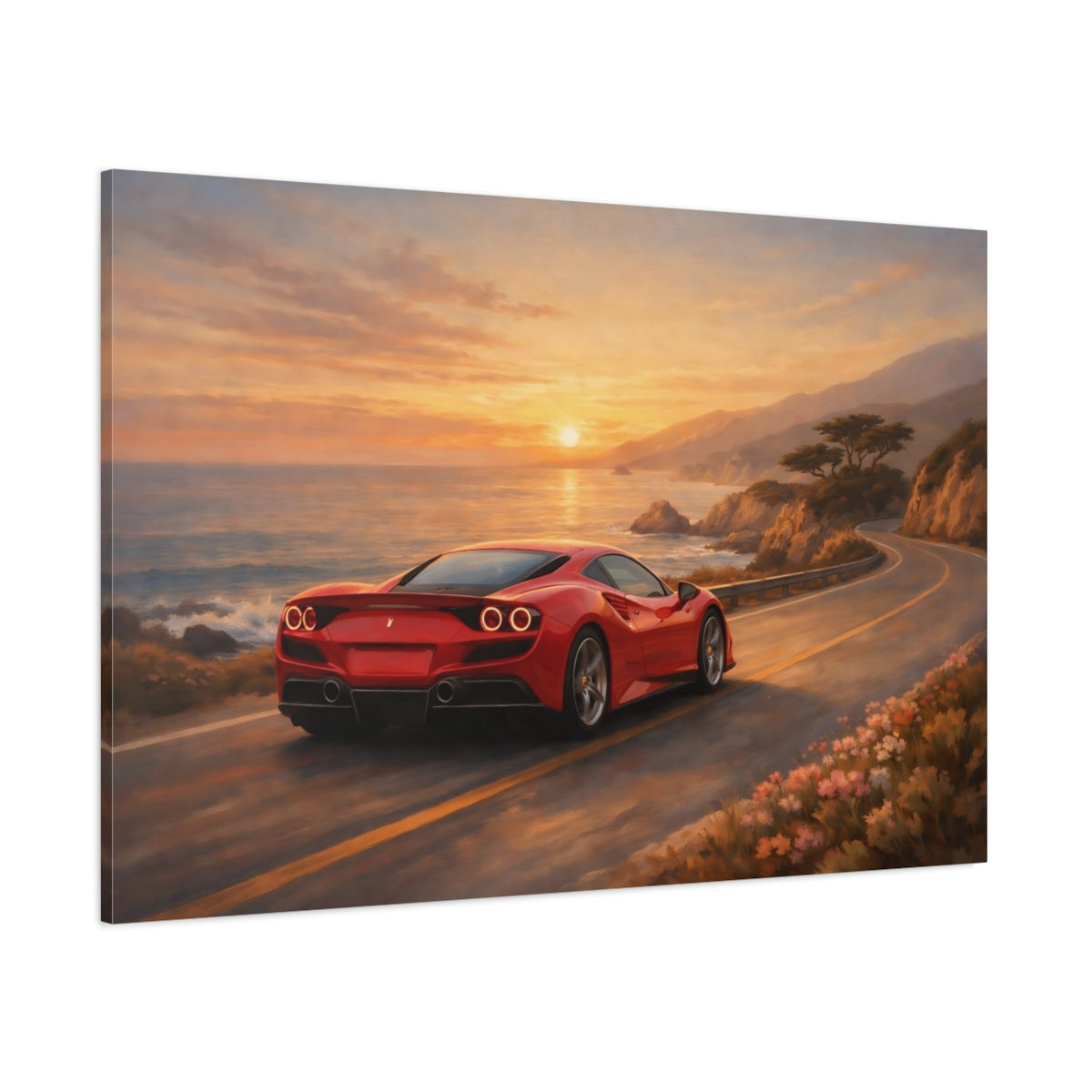 Main Mockup. Sports Sports Car Red Sports Car Sunset shown as stretched canvas wall art