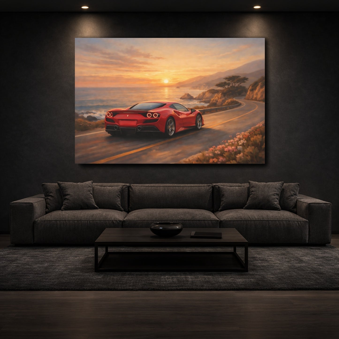 Mockup 2. Sports Sports Car Red Sports Car Sunset shown as stretched canvas wall art
