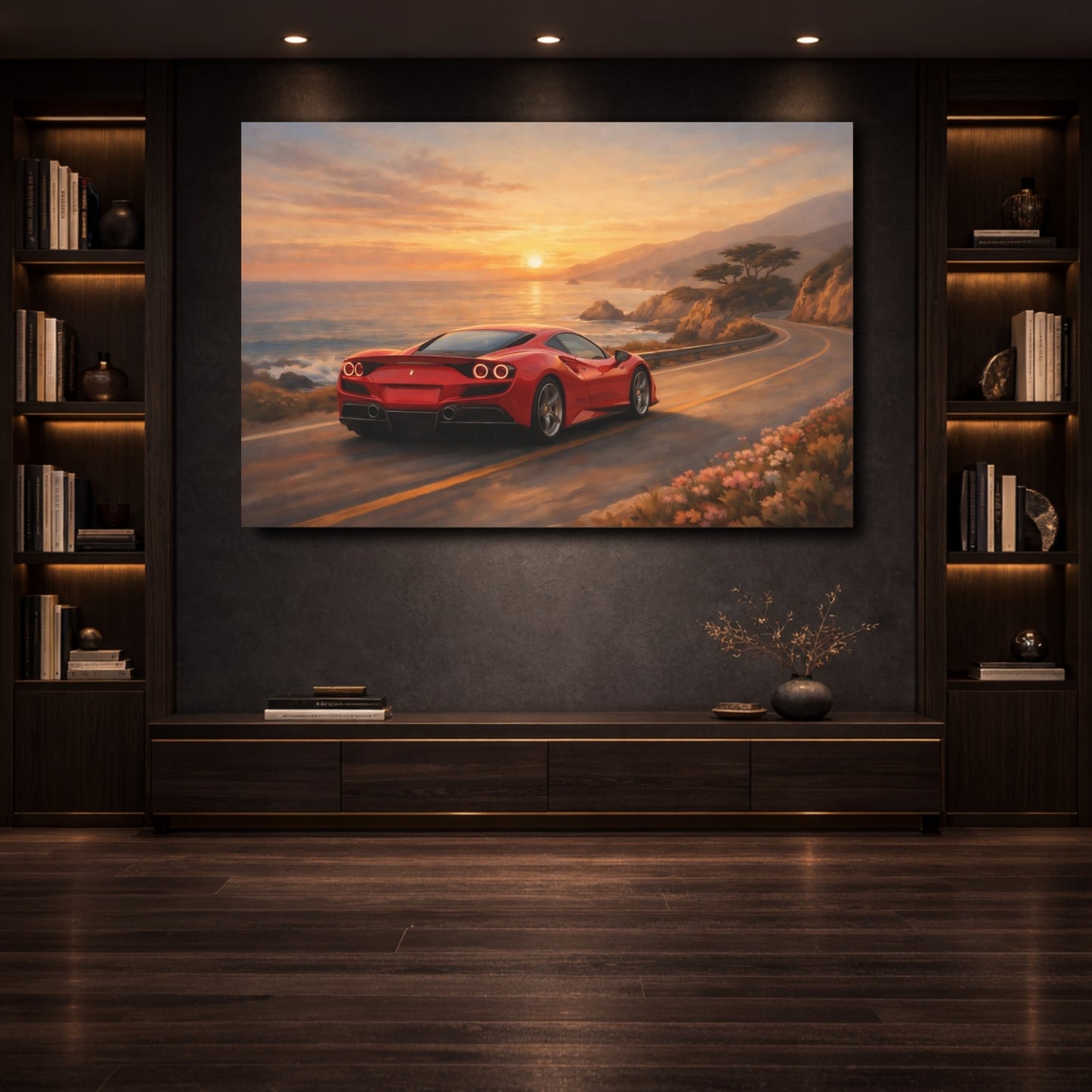 Mockup 3. Sports Sports Car Red Sports Car Sunset shown as stretched canvas wall art