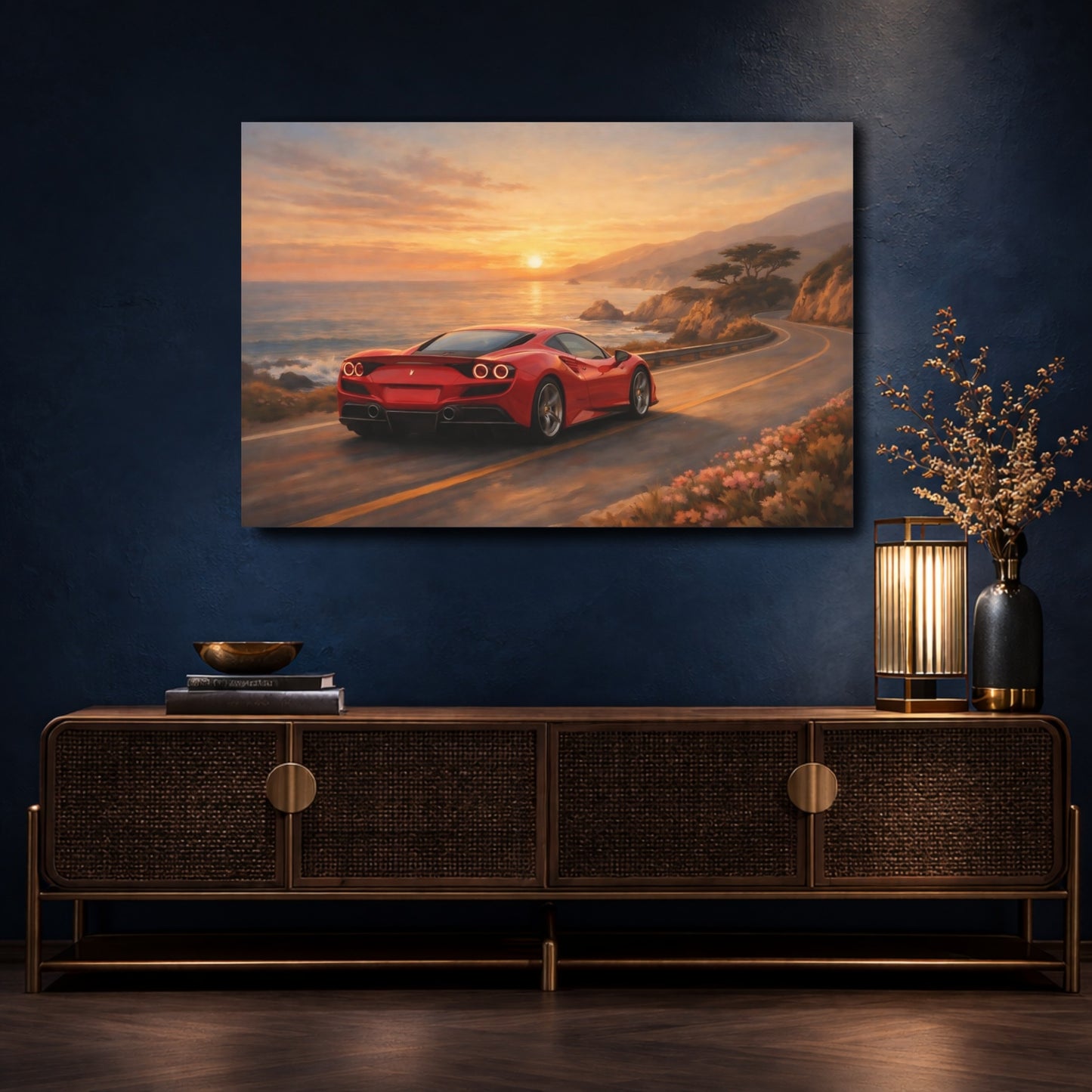 Mockup 4. Sports Sports Car Red Sports Car Sunset shown as stretched canvas wall art