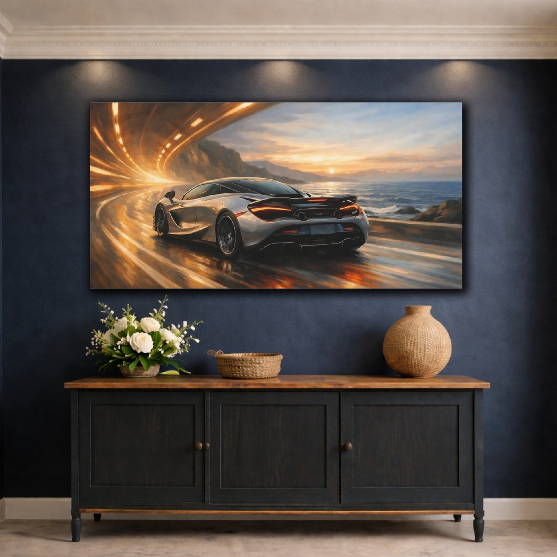 Mockup 4. Sports Sports Car Sports Car Sunset shown as stretched canvas wall art