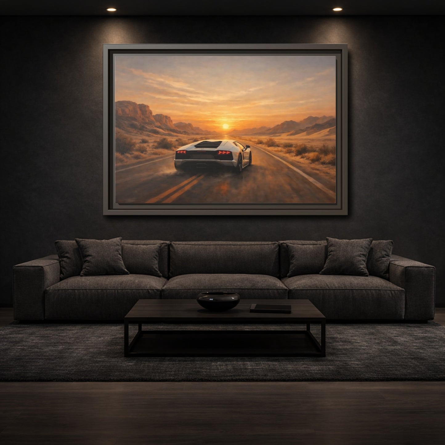 Mockup 2. Sports Sports Car Sunset Desert shown as stretched canvas wall art