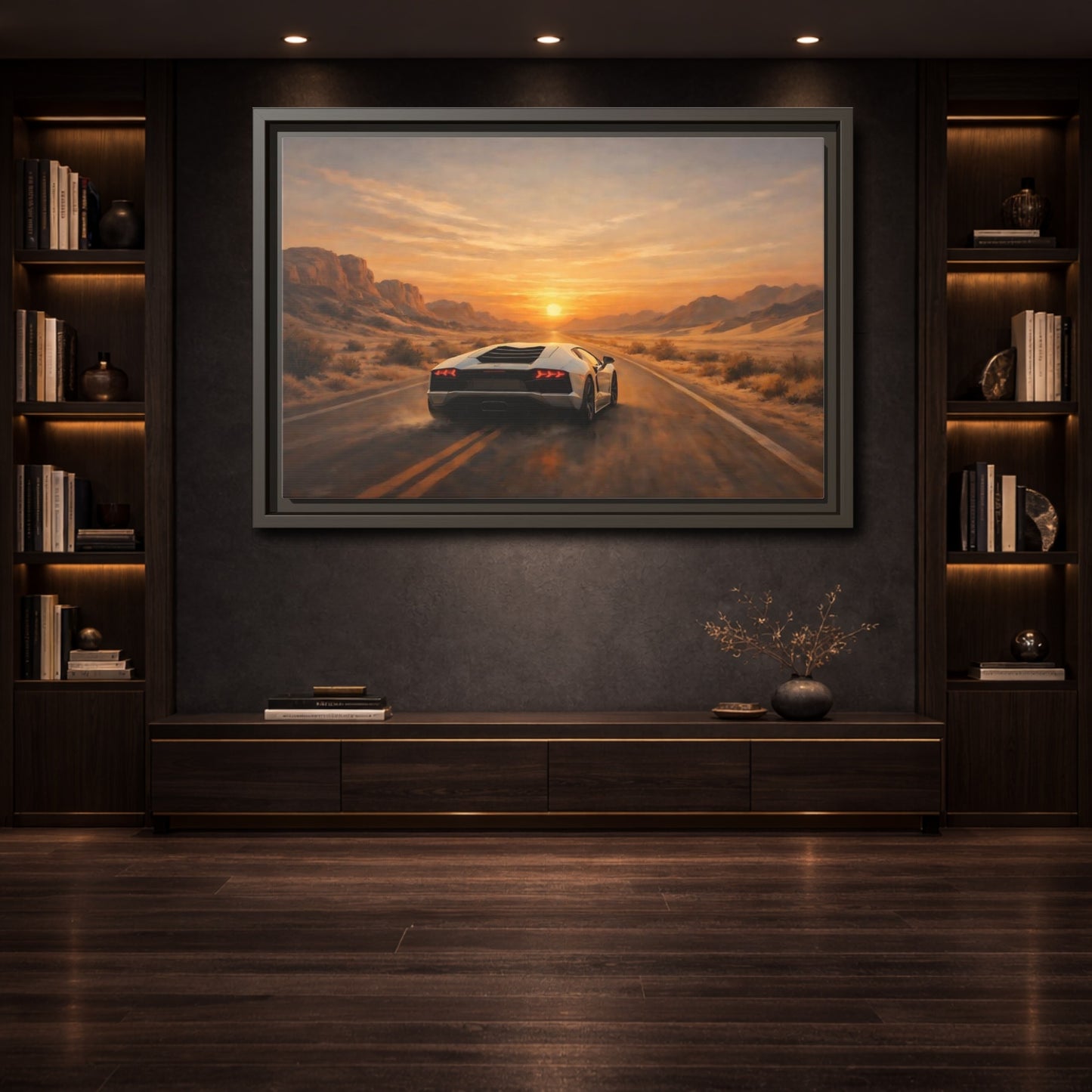 Mockup 3. Sports Sports Car Sunset Desert shown as stretched canvas wall art