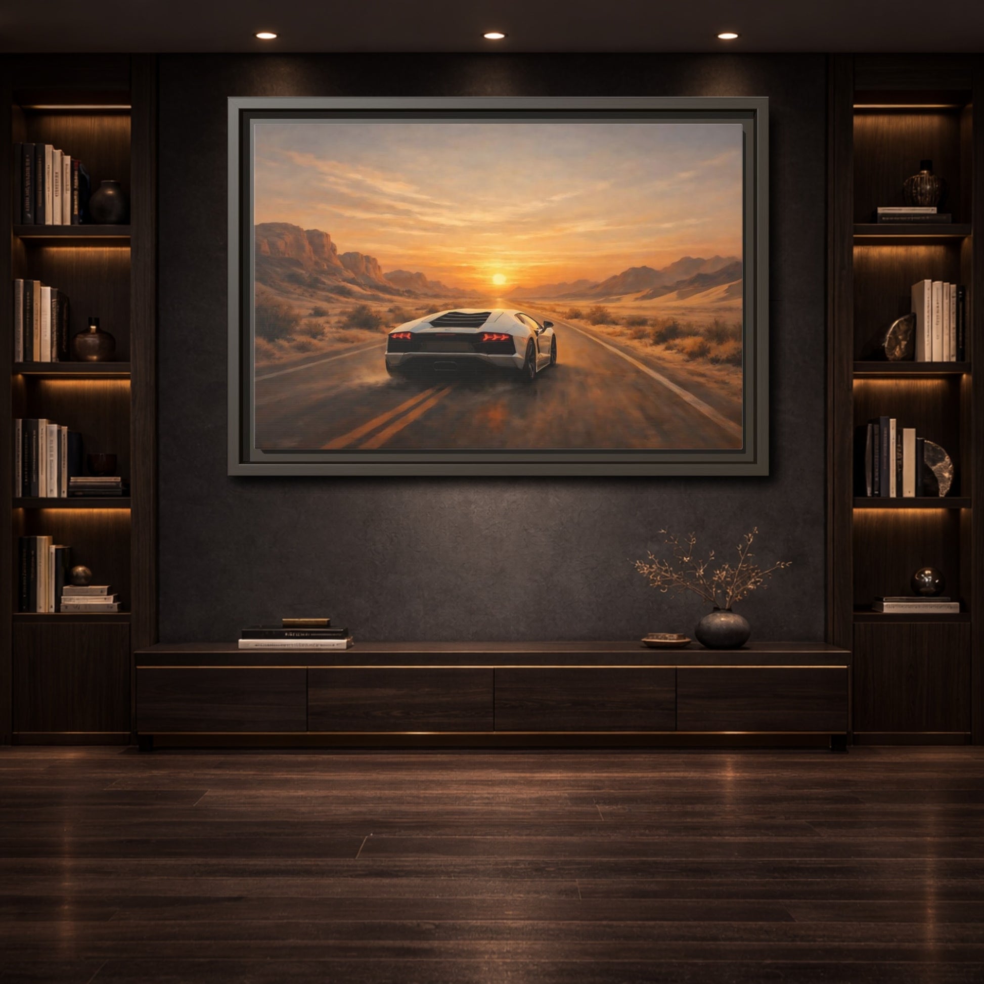 Mockup 3. Sports Sports Car Sunset Desert shown as stretched canvas wall art