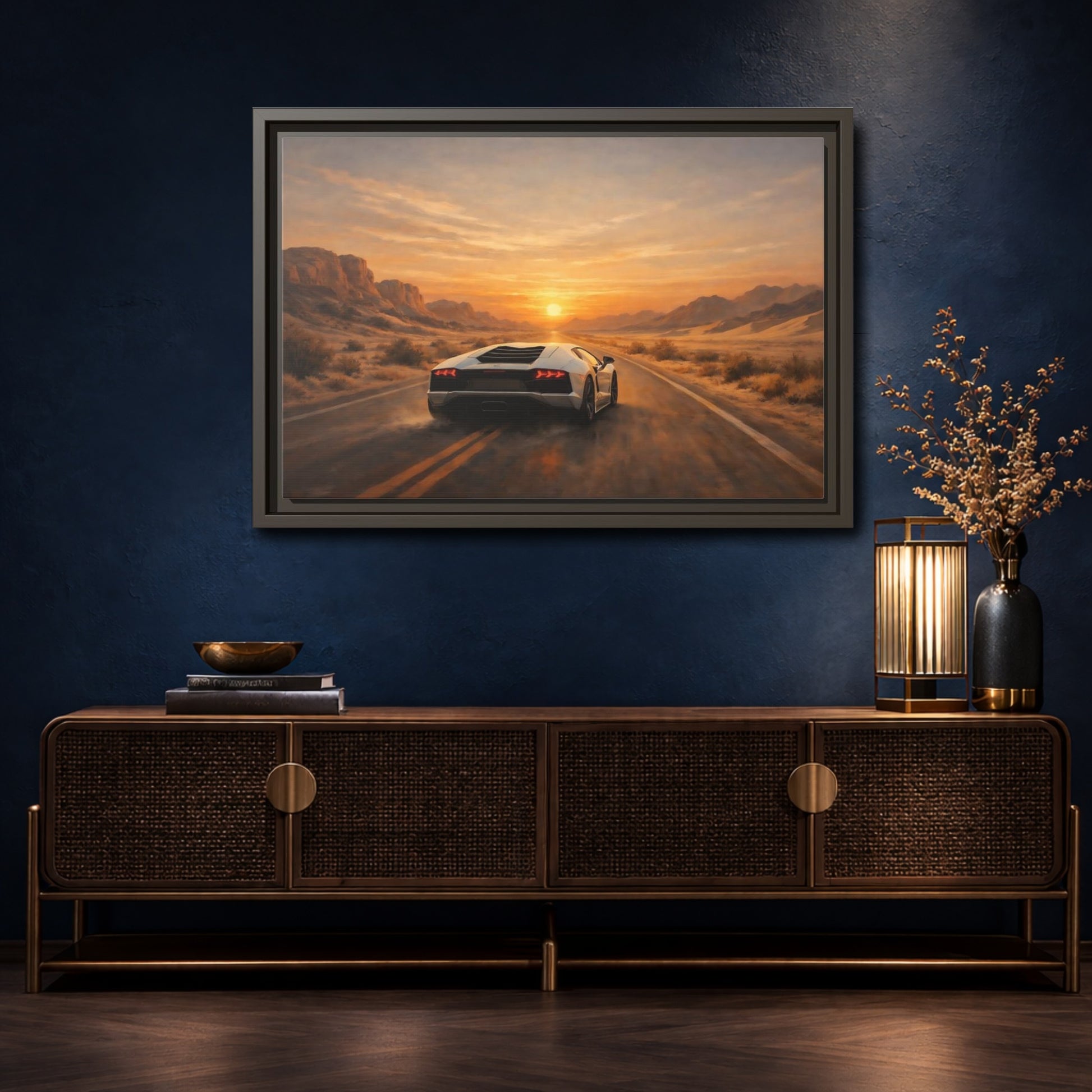 Mockup 4. Sports Sports Car Sunset Desert shown as stretched canvas wall art