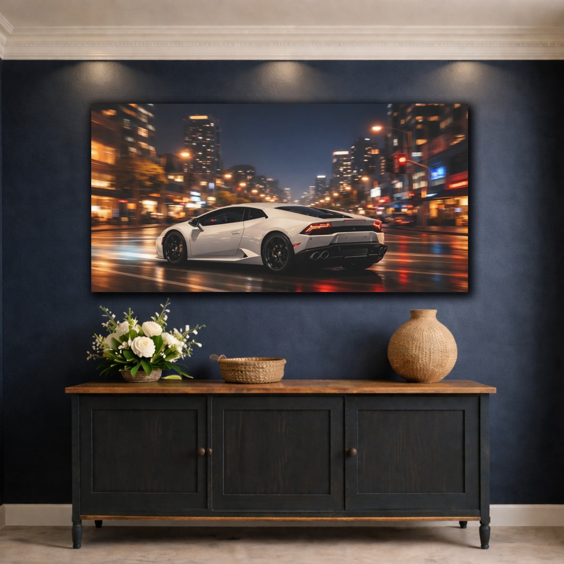 Mockup 4. Sports Sports Car White Sports Car shown as stretched canvas wall art