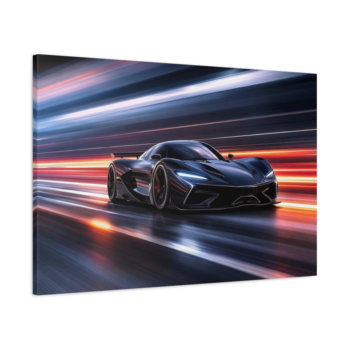 Main Mockup. Sports Supercar Dark Car Motion shown as stretched canvas wall art