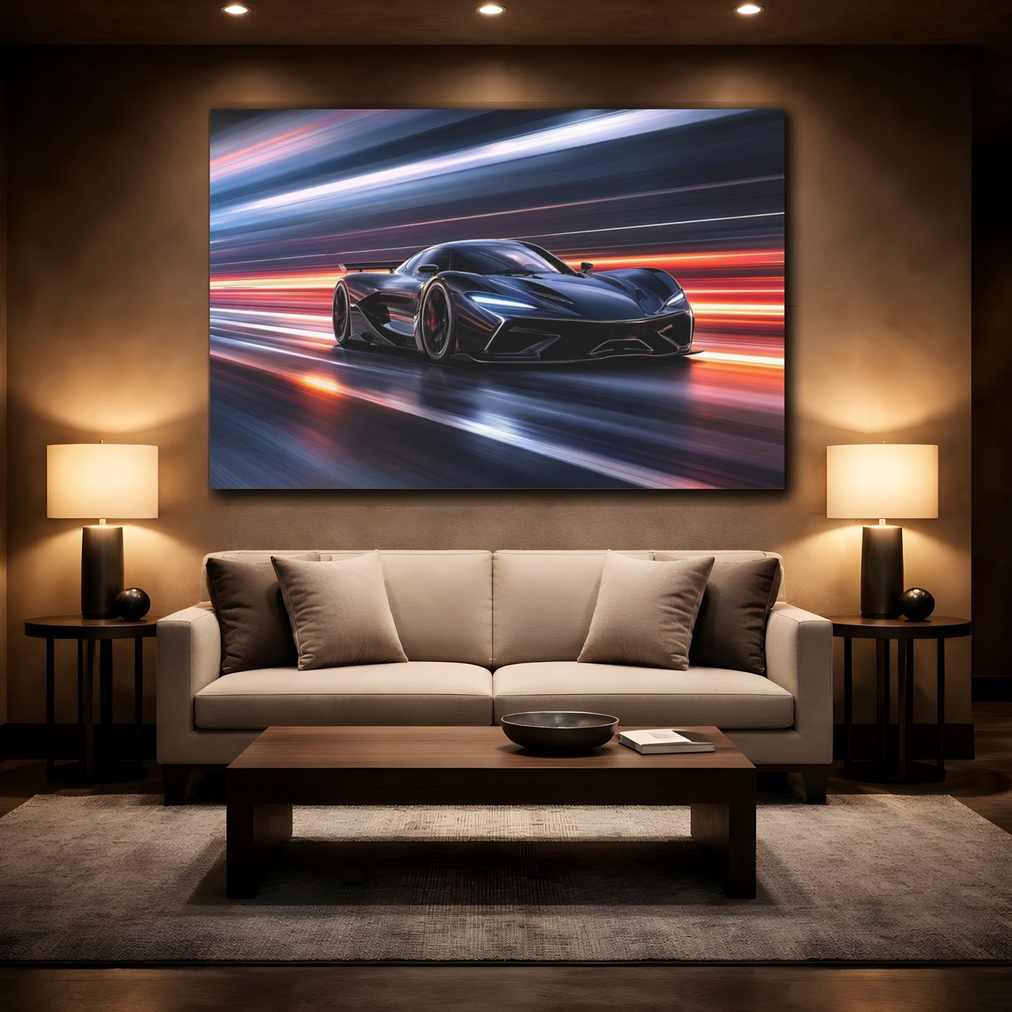 Mockup 2. Sports Supercar Dark Car Motion shown as stretched canvas wall art