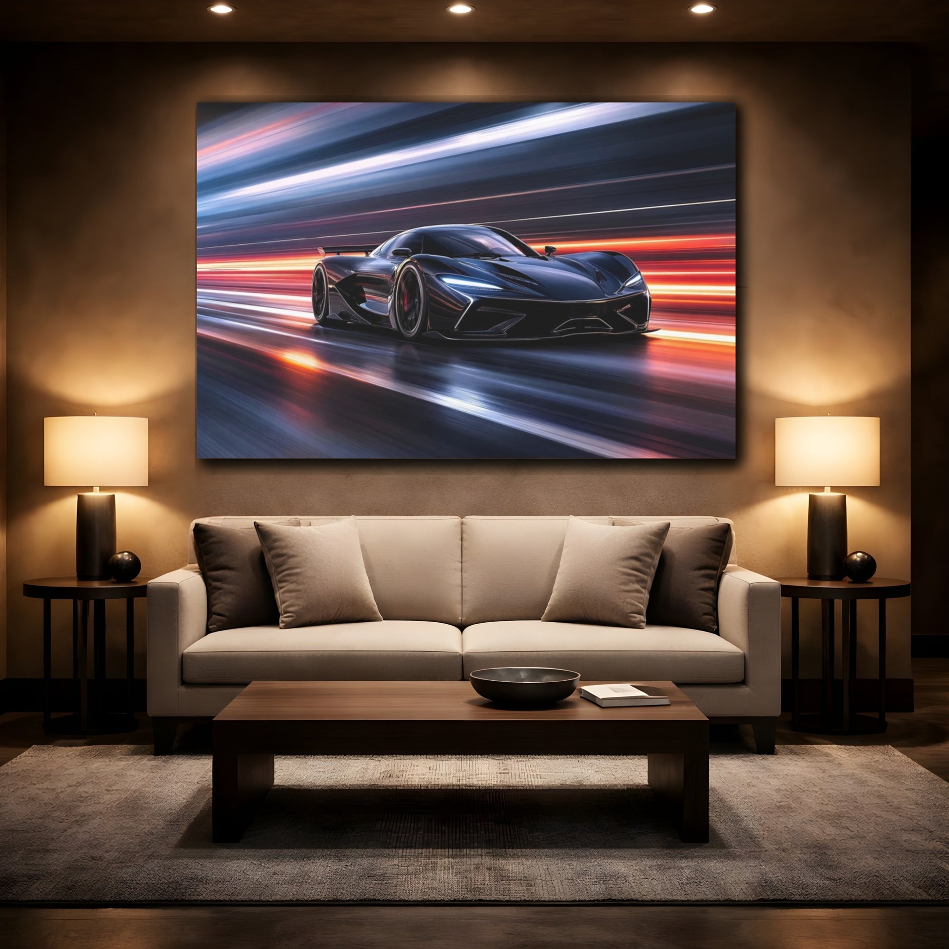 Mockup 2. Sports Supercar Dark Car Motion shown as stretched canvas wall art