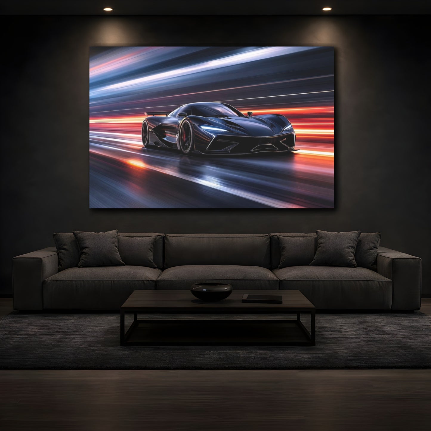 Mockup 3. Sports Supercar Dark Car Motion shown as stretched canvas wall art