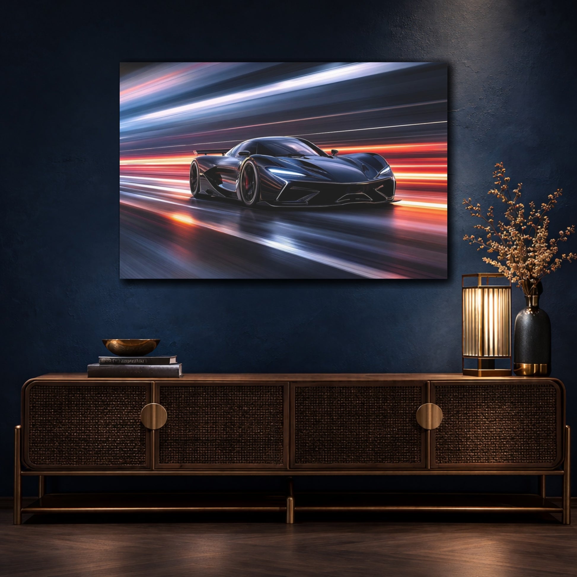 Mockup 4. Sports Supercar Dark Car Motion shown as stretched canvas wall art