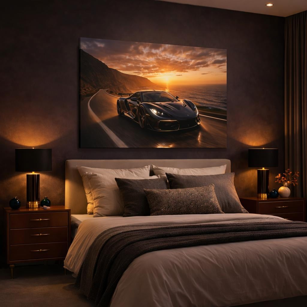 Sports Supercar Sunset Supercar shown as canvas wall art in a luxury bedroom