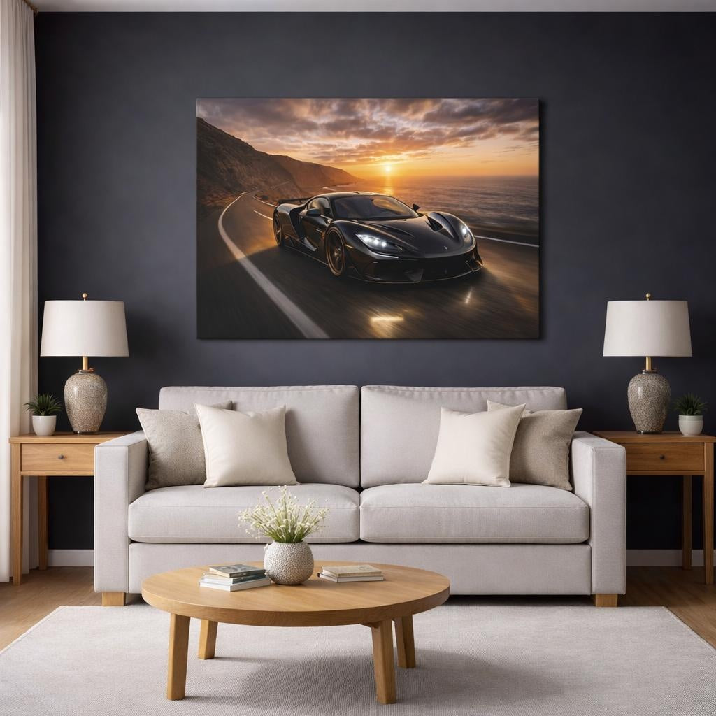 Sports Supercar Sunset Supercar shown as canvas wall art in a modern living room