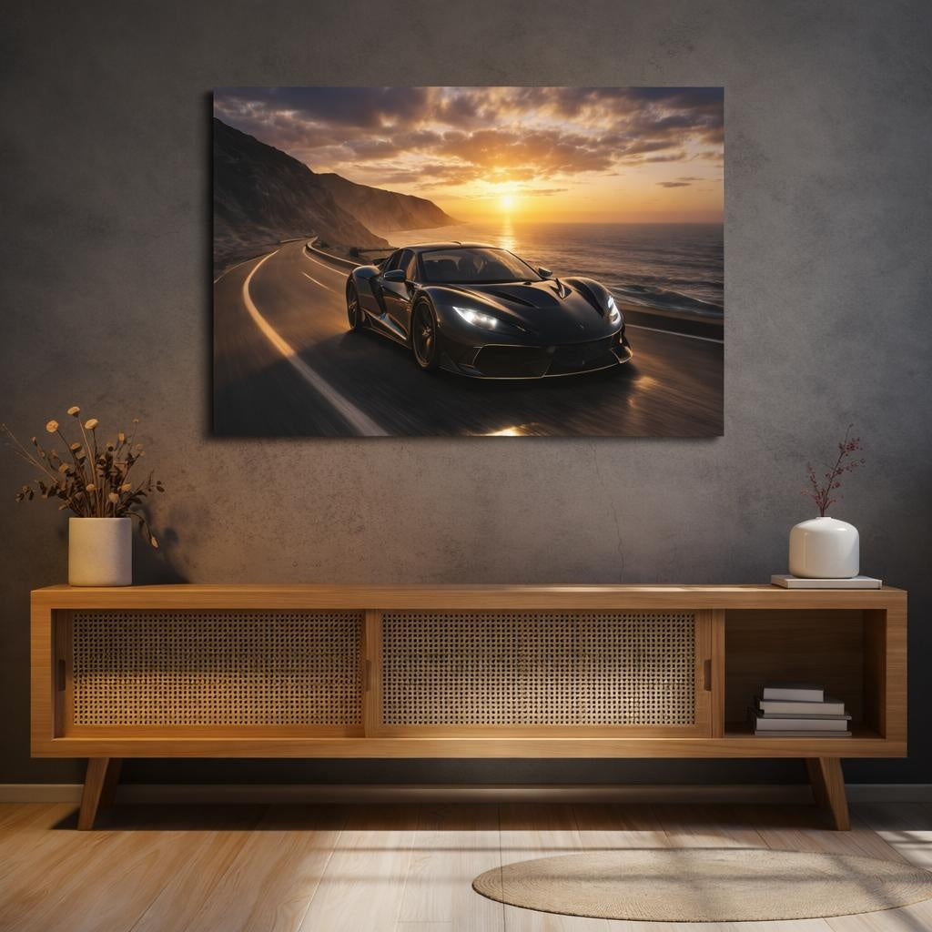 Sports Supercar Sunset Supercar shown as canvas wall art in a sophisticated contemporary living space