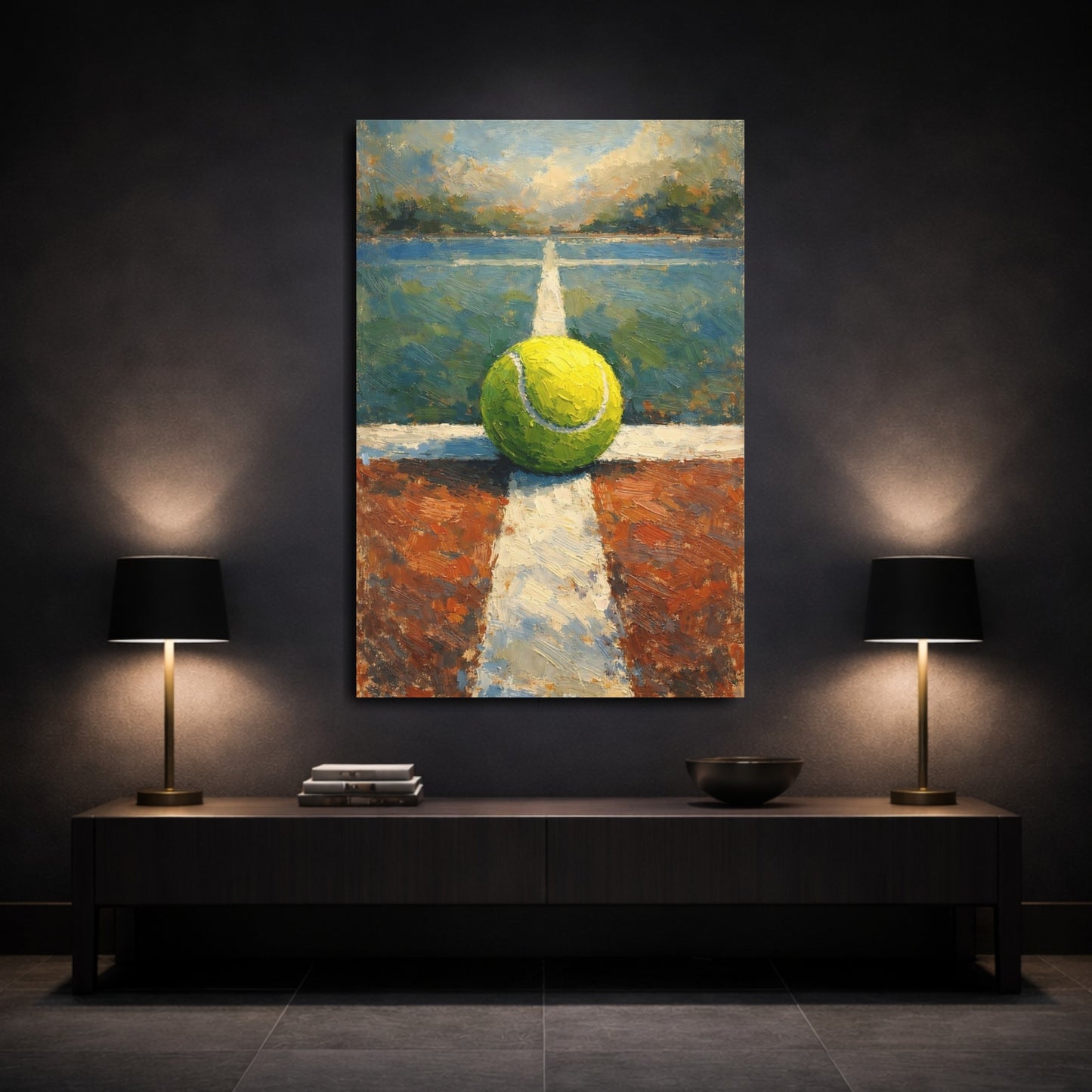 Mockup 2. Sports Tennis Ball Tennis Court Art shown as stretched canvas wall art