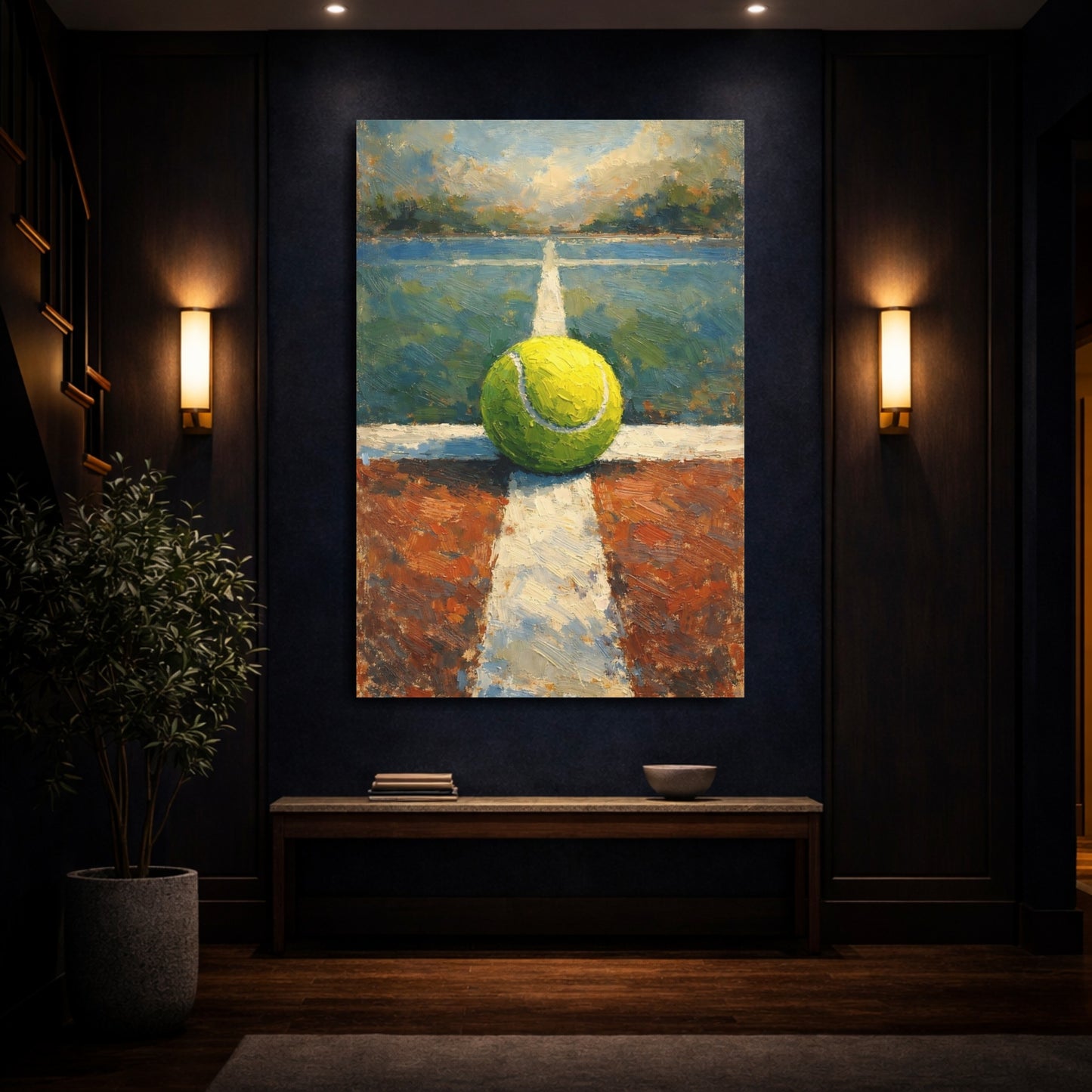 Mockup 3. Sports Tennis Ball Tennis Court Art shown as stretched canvas wall art