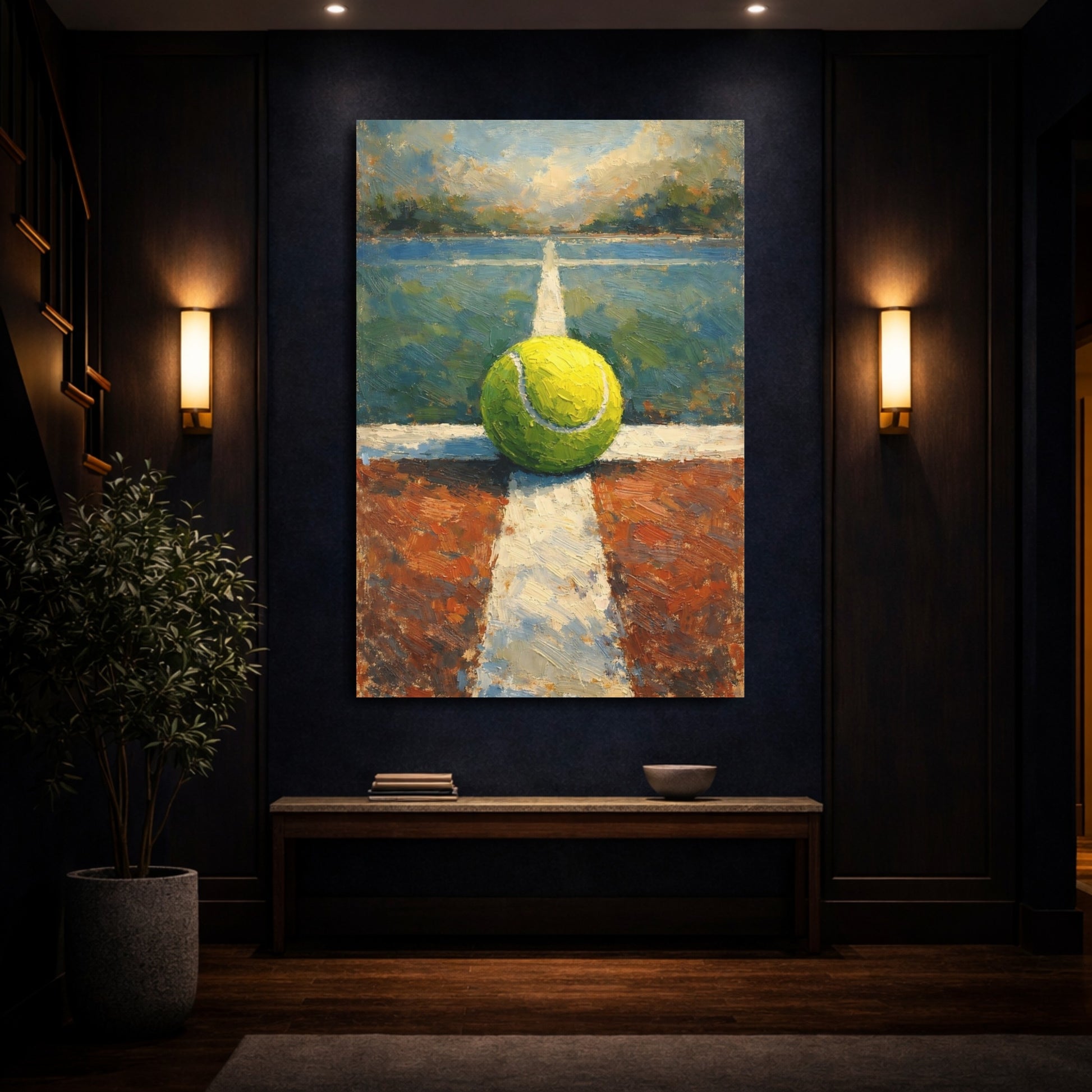 Mockup 3. Sports Tennis Ball Tennis Court Art shown as stretched canvas wall art