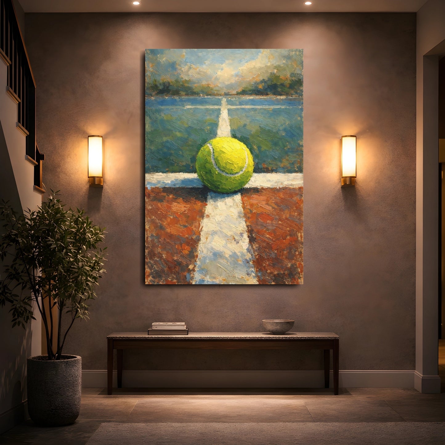 Mockup 4. Sports Tennis Ball Tennis Court Art shown as stretched canvas wall art