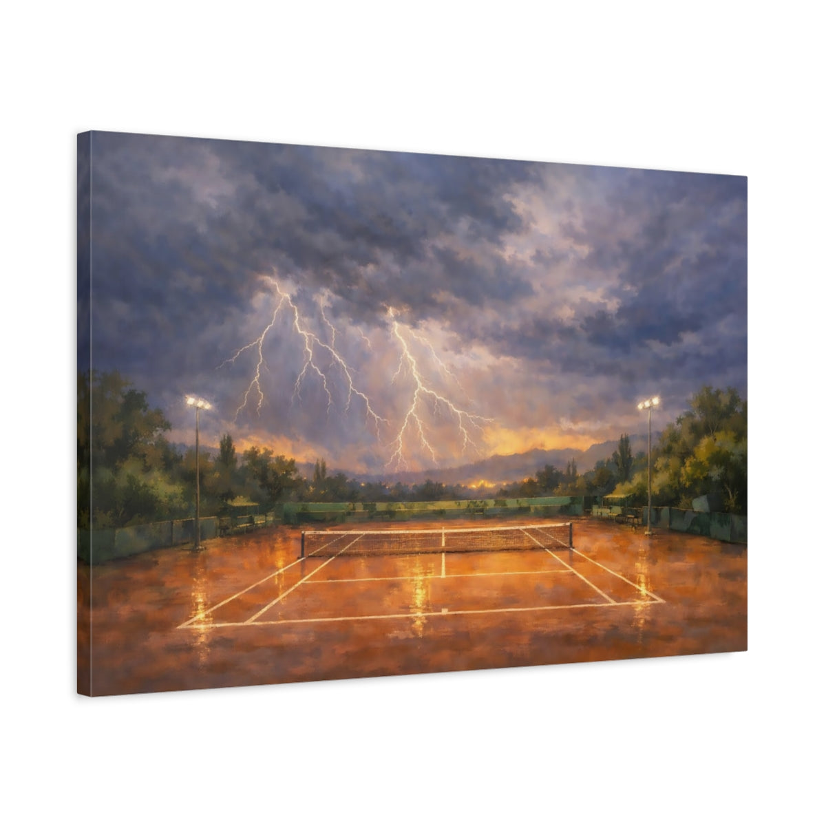 Side Mockup 2. Sports Tennis Court Orange Blue Storm shown as stretched canvas wall art