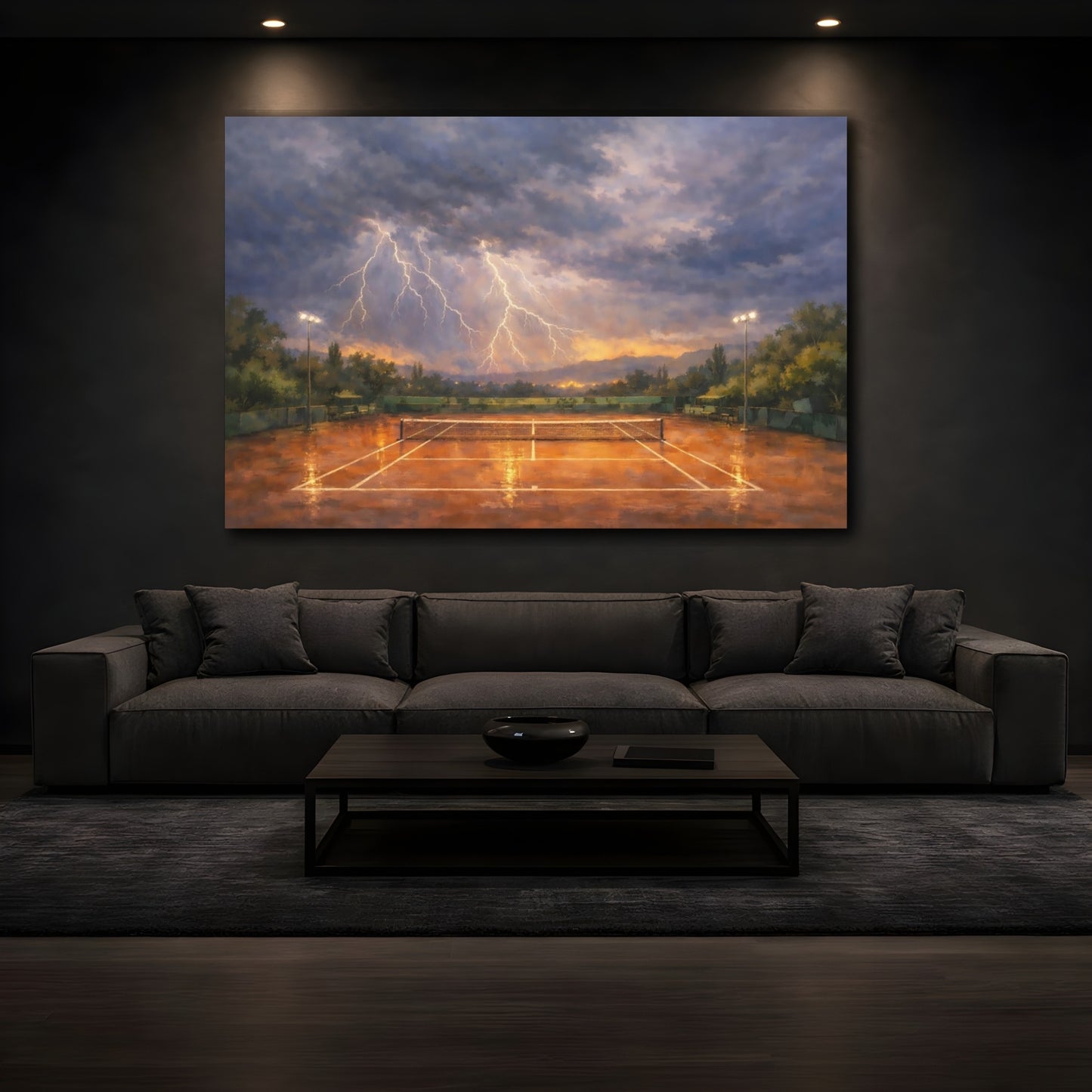 Mockup 2. Sports Tennis Court Orange Blue Storm shown as stretched canvas wall art