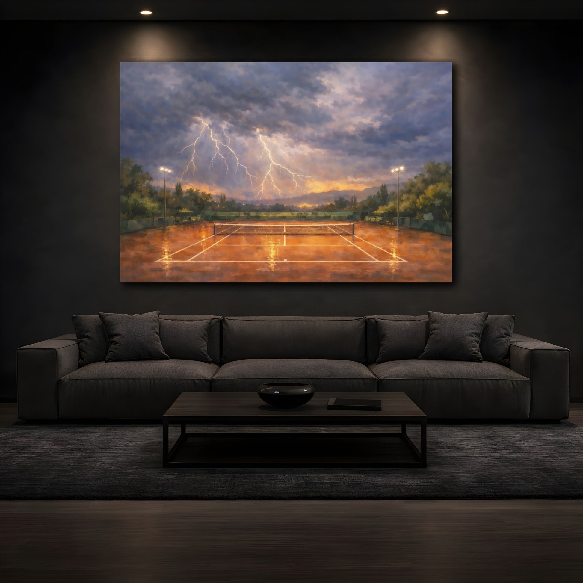 Mockup 2. Sports Tennis Court Orange Blue Storm shown as stretched canvas wall art