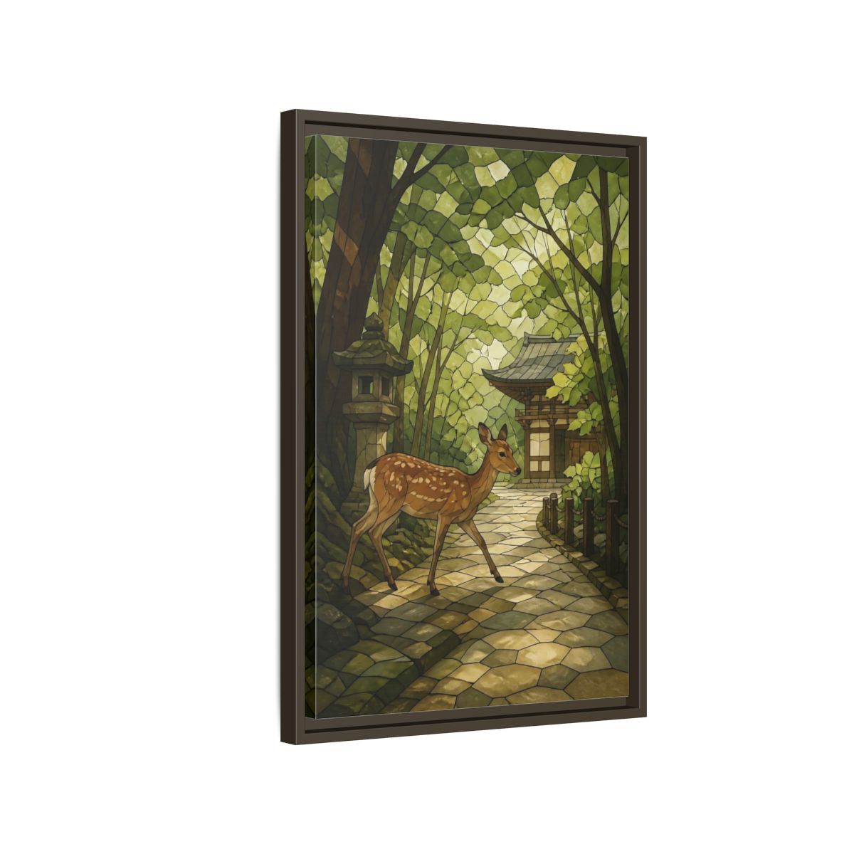 Side Mockup 2. Spotted Deer At Shrine shown as framed canvas print
