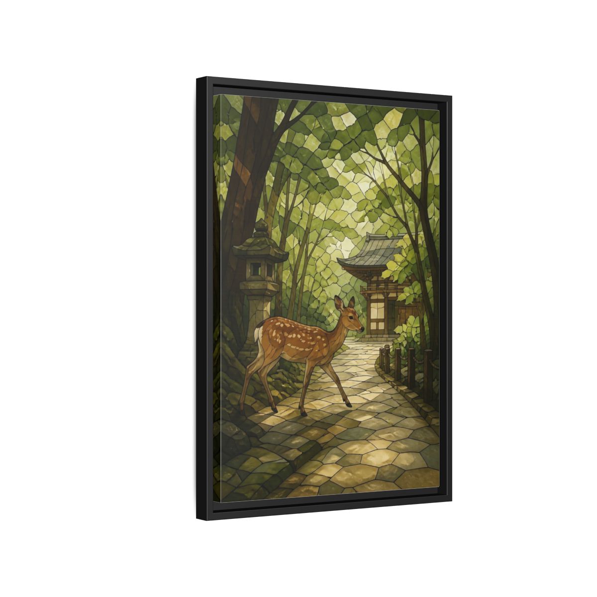 Side Mockup 3. Spotted Deer At Shrine shown as framed canvas print