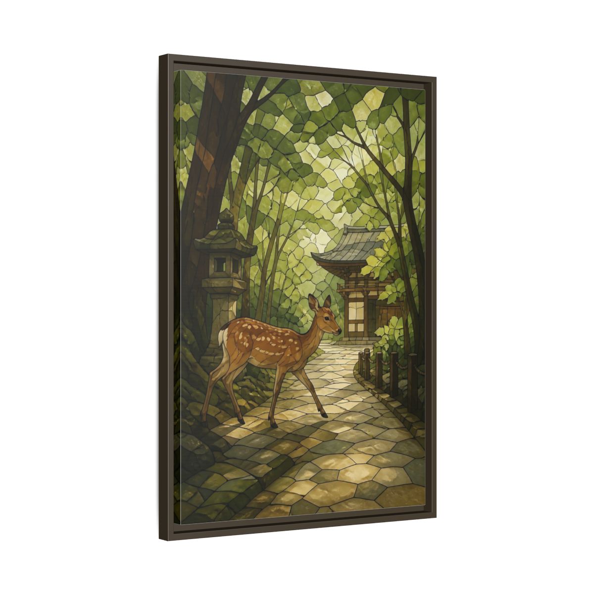 Side Mockup 11. Spotted Deer At Shrine shown as framed canvas print