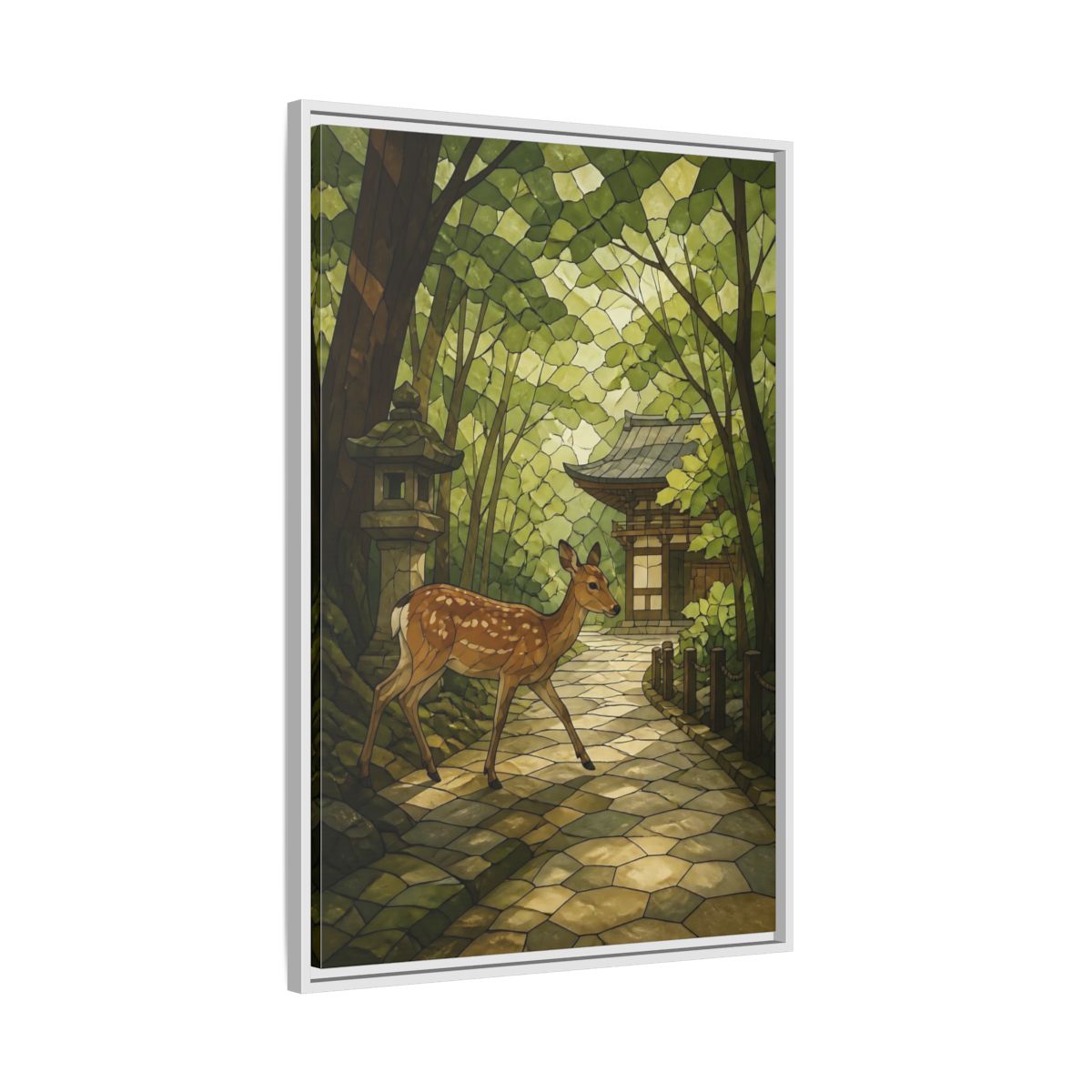 Side Mockup 9. Spotted Deer At Shrine shown as framed canvas print