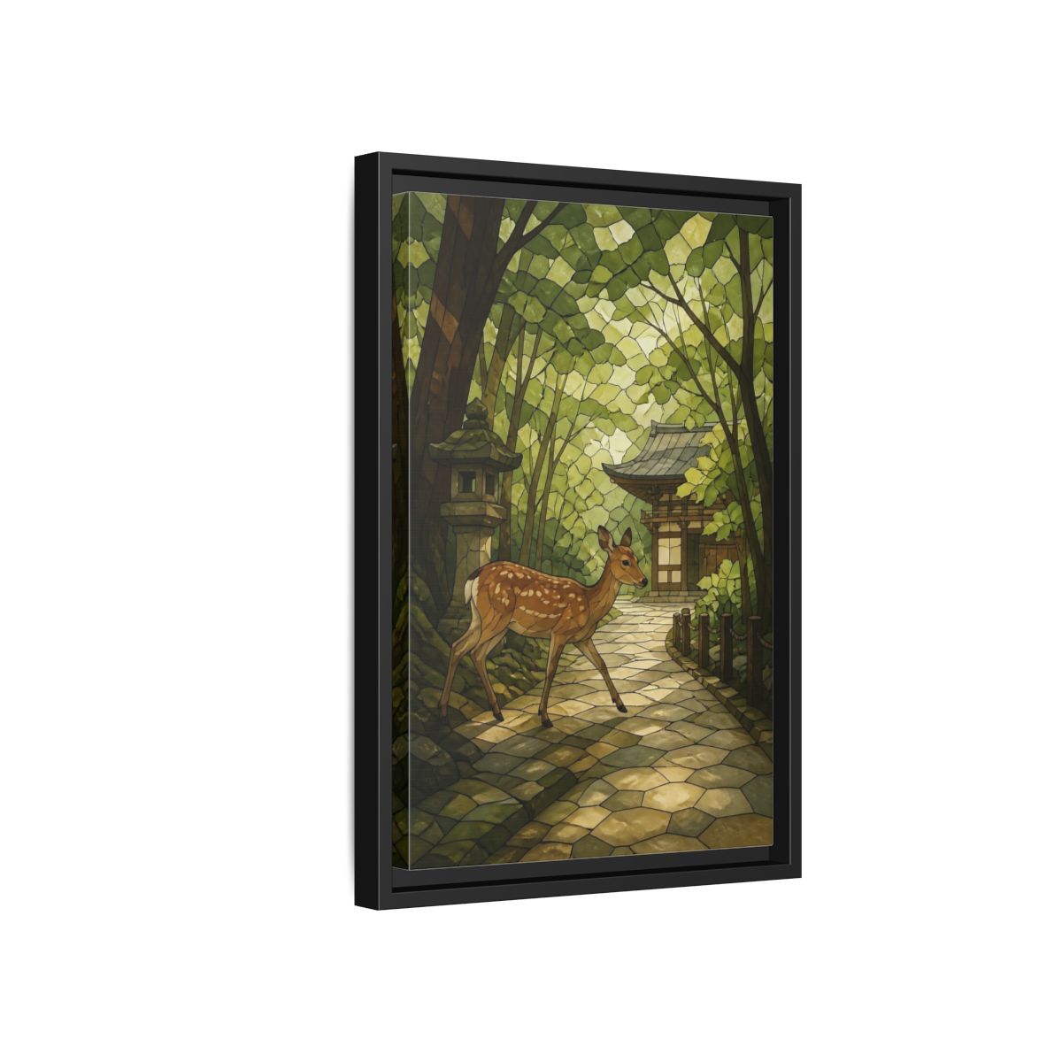 Side Mockup 6. Spotted Deer At Shrine shown as framed canvas print