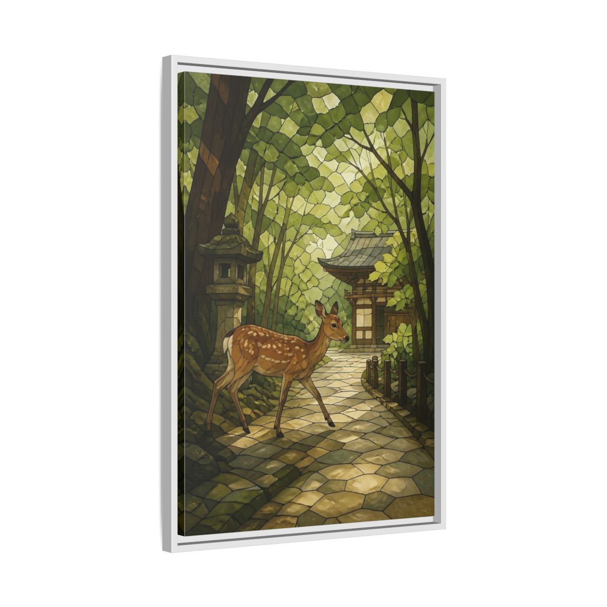 Side Mockup 10. Spotted Deer At Shrine shown as framed canvas print
