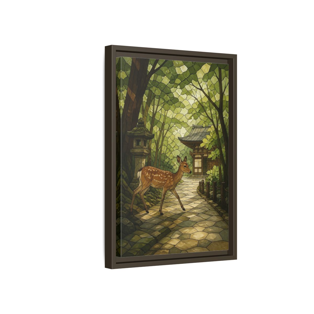 Side Mockup 5. Spotted Deer At Shrine shown as framed canvas print