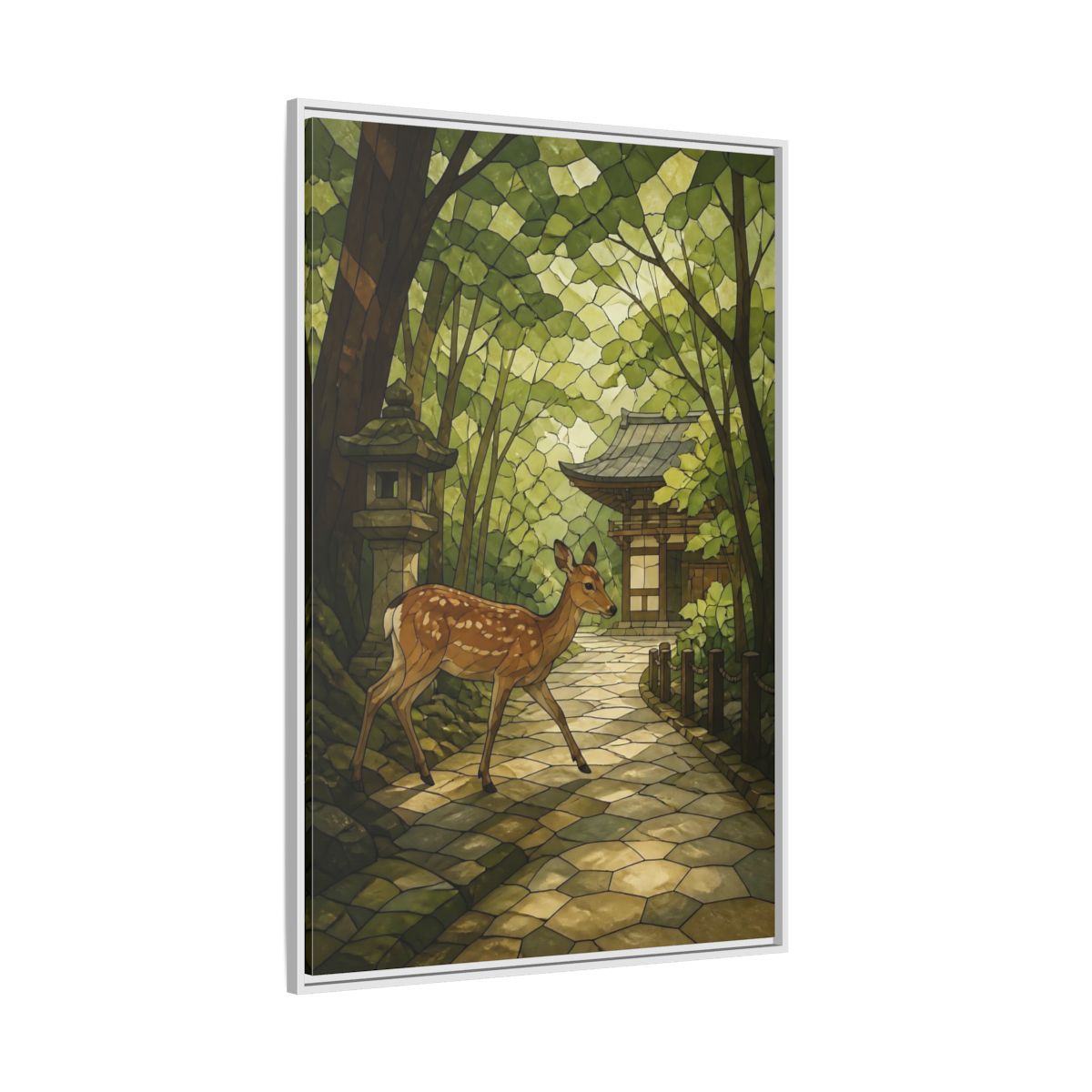 Side Mockup 7. Spotted Deer At Shrine shown as framed canvas print