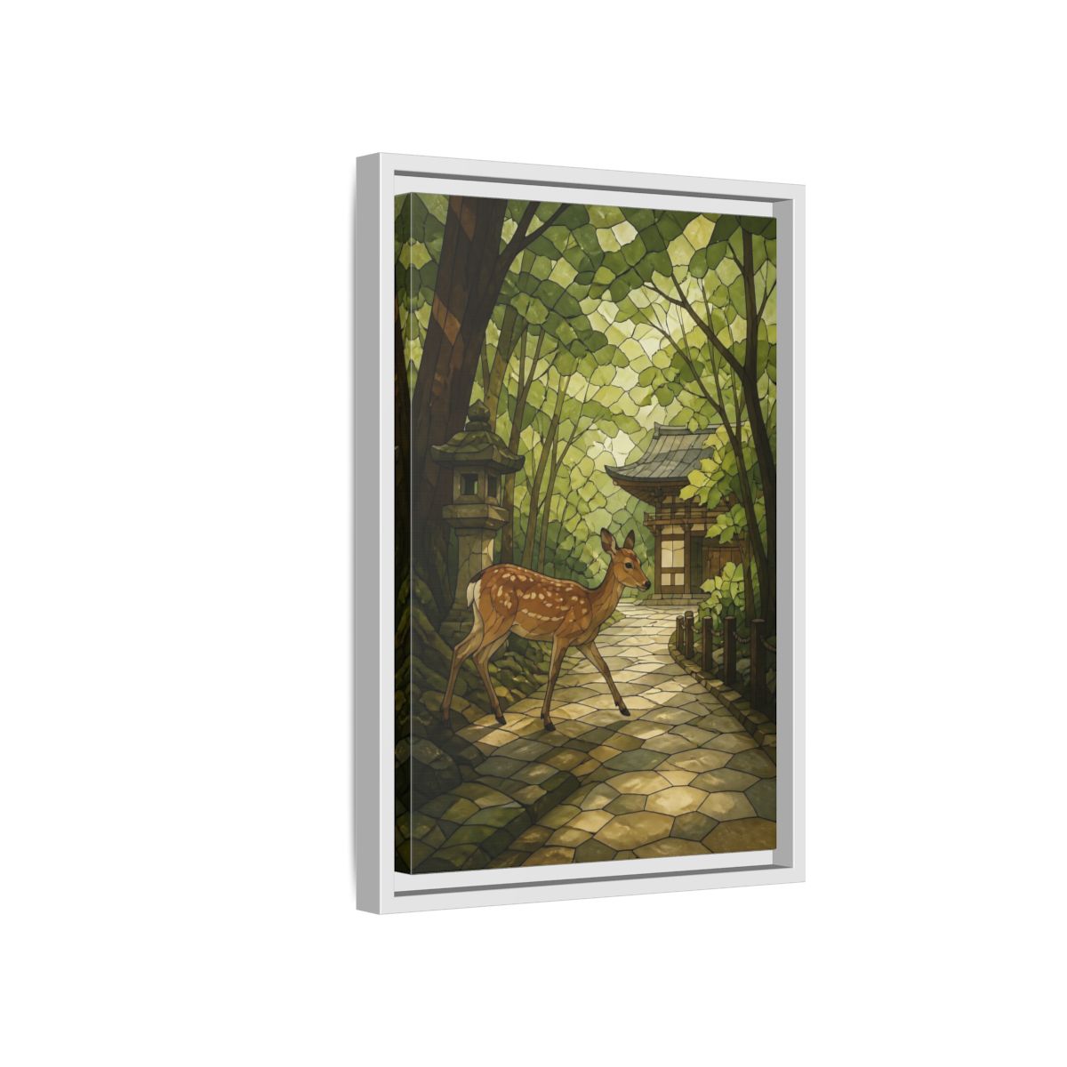 Side Mockup 4. Spotted Deer At Shrine shown as framed canvas print