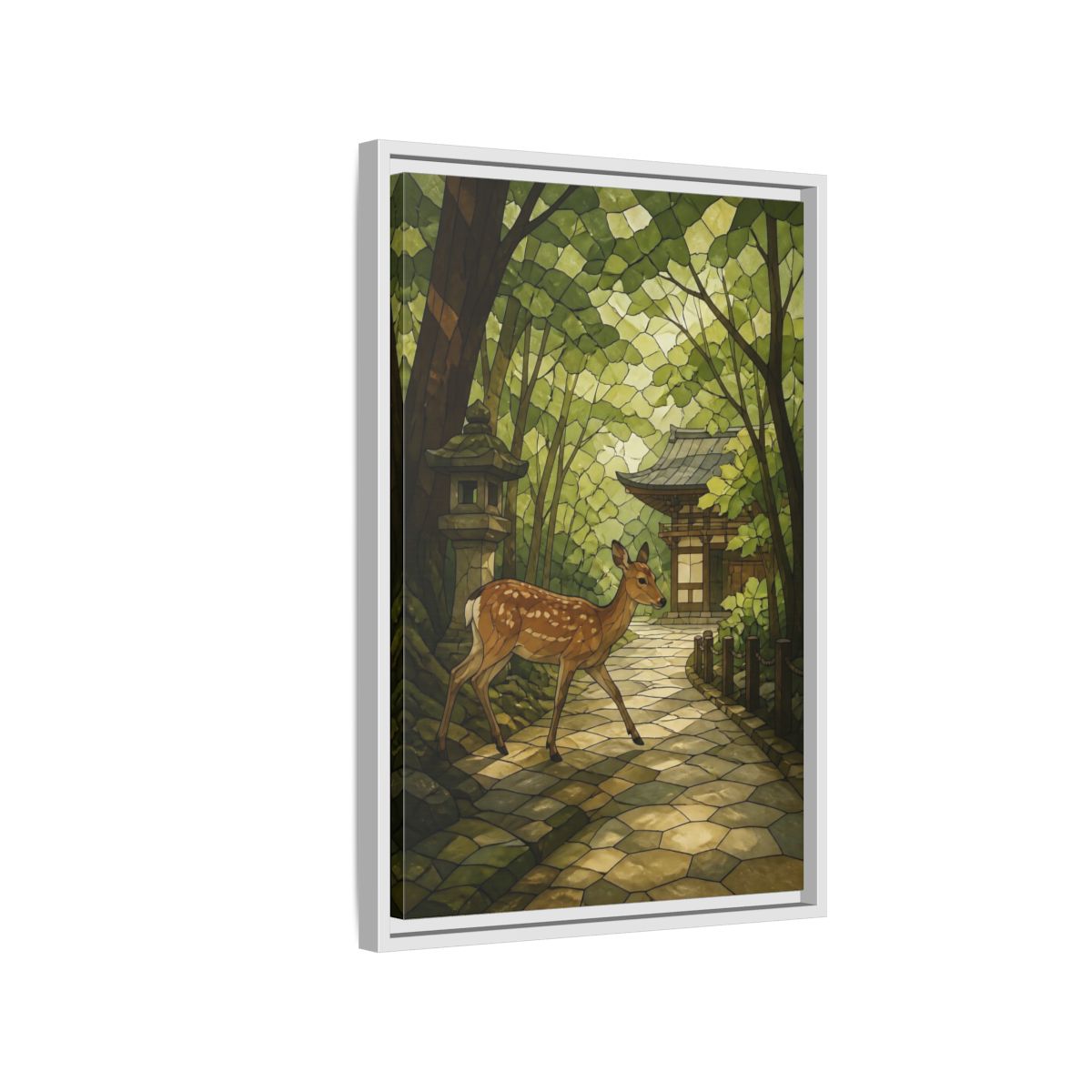 Side Mockup 1. Spotted Deer At Shrine shown as framed canvas print