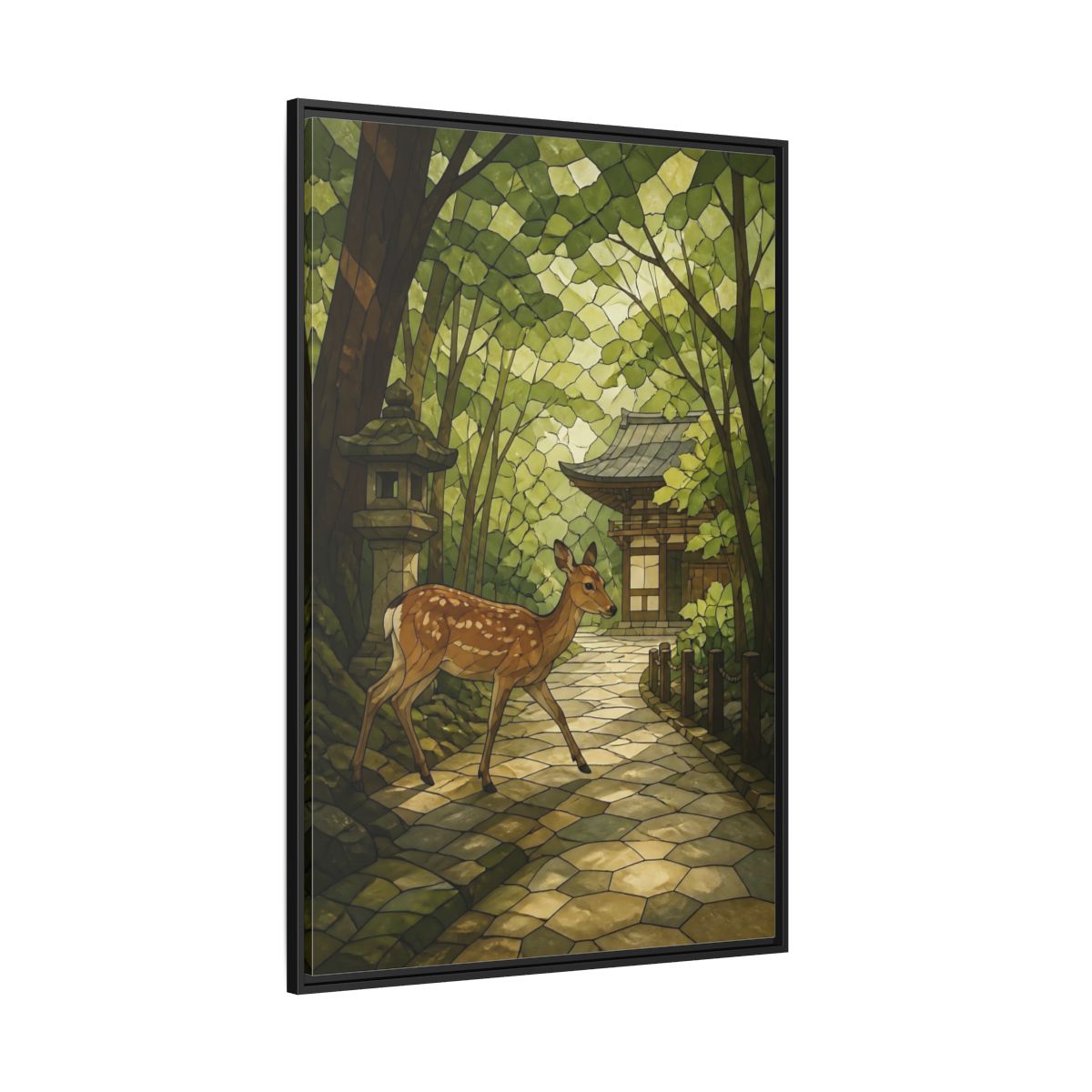 Side Mockup 12. Spotted Deer At Shrine shown as framed canvas print