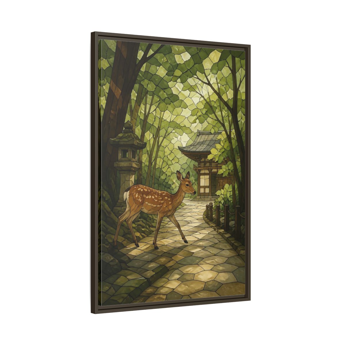 Main Mockup. Spotted Deer At Shrine shown as framed canvas print