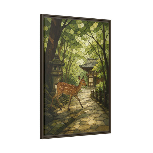 Main Mockup. Spotted Deer At Shrine shown as framed canvas print
