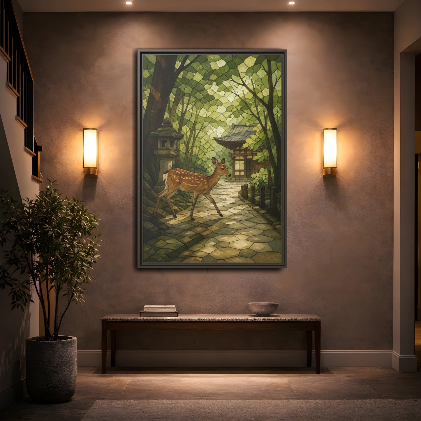 Mockup 2. Spotted Deer At Shrine shown as framed canvas print