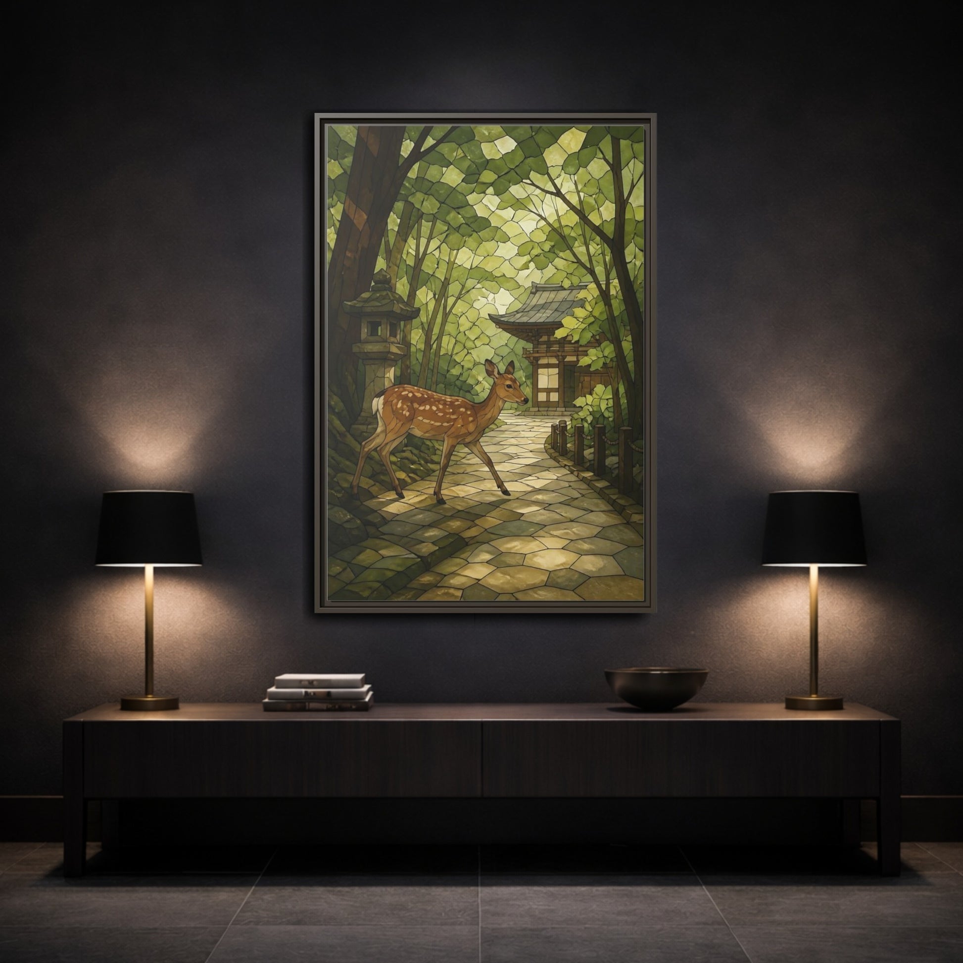 Mockup 3. Spotted Deer At Shrine shown as framed canvas print
