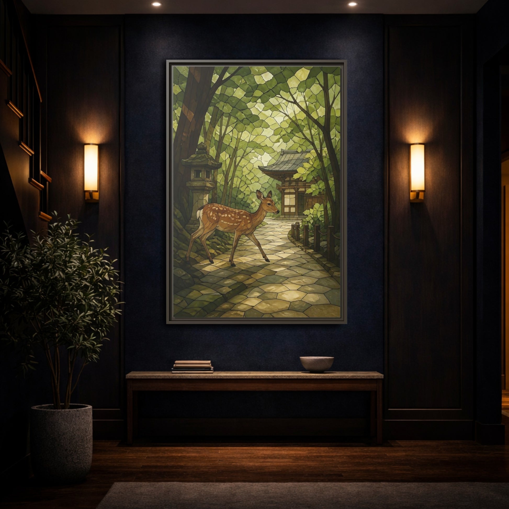Mockup 4. Spotted Deer At Shrine shown as framed canvas print