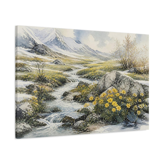 Main Mockup. Spring Meadow Stream shown as canvas print