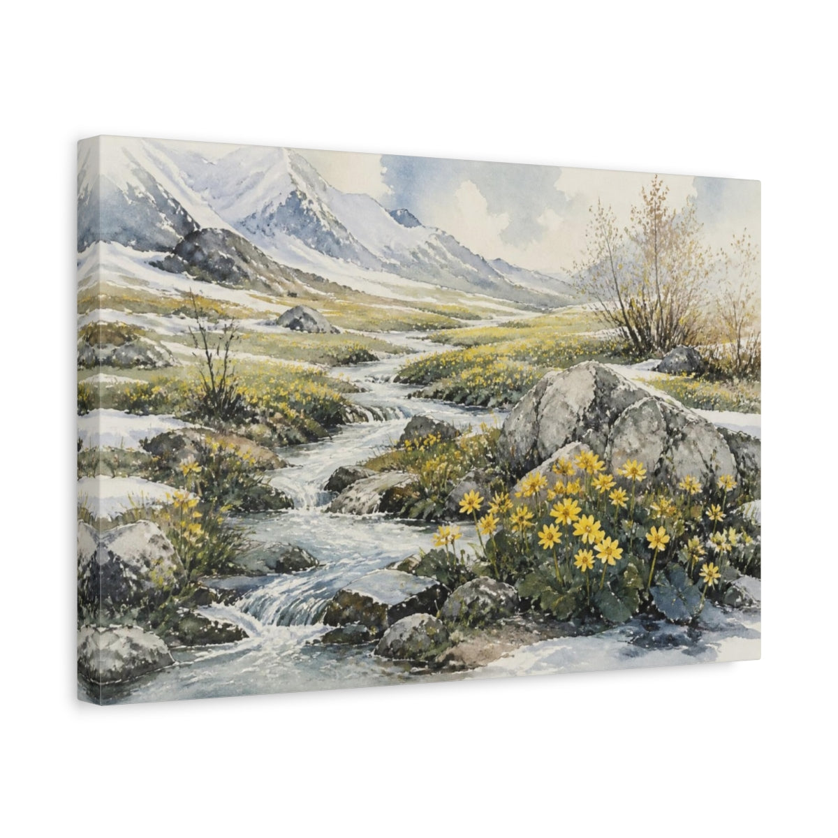 Side Mockup 4. Spring Meadow Stream shown as canvas print