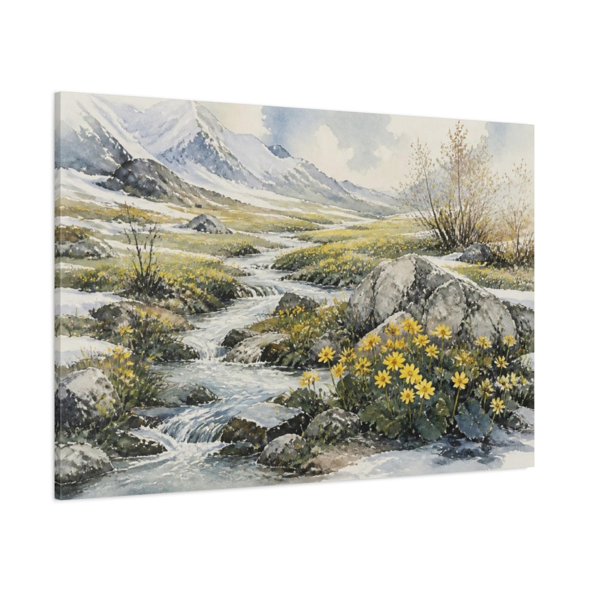 Side Mockup 1. Spring Meadow Stream shown as canvas print